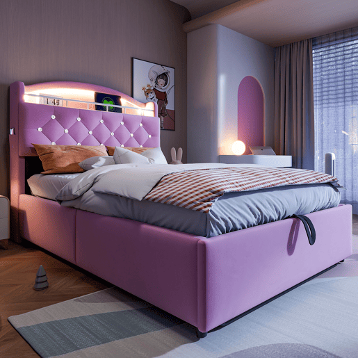 Cama infantil 90x200 - Cama multifuncional com arrumação, LED e porta USB - Rosa