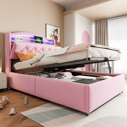 Cama infantil 90x200 - Cama multifuncional com arrumação, LED e porta USB - Rosa
