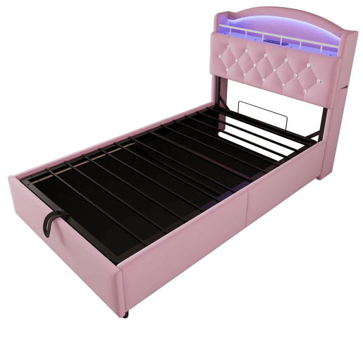 Cama infantil 90x200 - Cama multifuncional com arrumação, LED e porta USB - Rosa