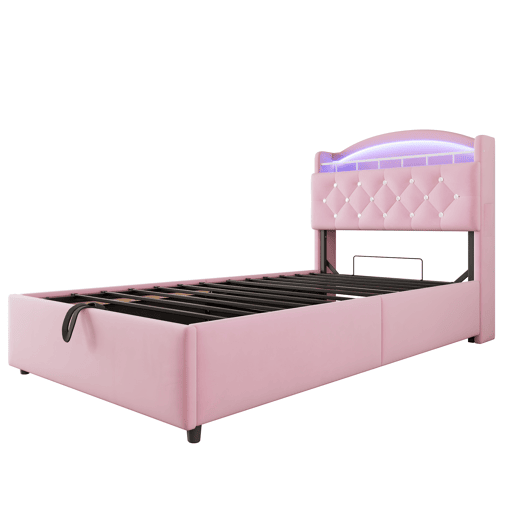 Cama infantil 90x200 - Cama multifuncional com arrumação, LED e porta USB - Rosa