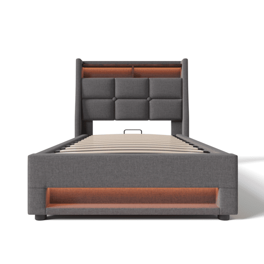 Cama estofada com USB 90x200cm - Cama individual LED com estrado de metal, estrutura de linho - Cinza