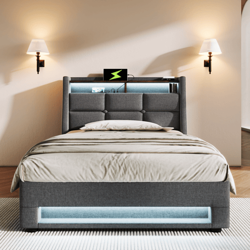 Cama estofada com USB 90x200cm - Cama individual LED com estrado de metal, estrutura de linho - Cinza