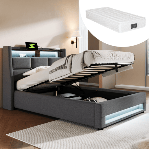 Cama estofada com USB 90x200cm - Cama individual LED com estrado de metal, estrutura de linho - Cinza