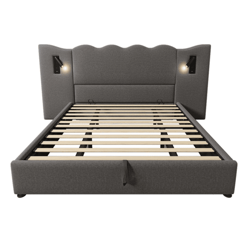 Cama para arrumação de roupa de cama 180x200 cm - com luz de leitura e função de carregamento - com estrado de ripas - Cinzento