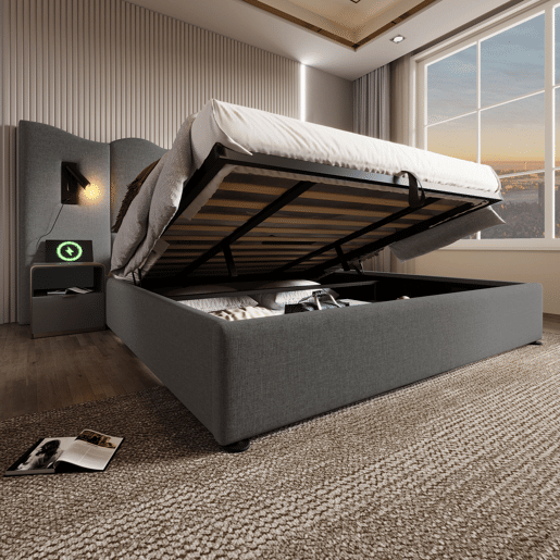 Cama para arrumação de roupa de cama 180x200 cm - com luz de leitura e função de carregamento - com estrado de ripas - Cinzento