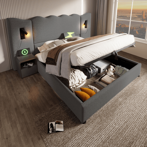 Cama para arrumação de roupa de cama 180x200 cm - com luz de leitura e função de carregamento - com estrado de ripas - Cinzento