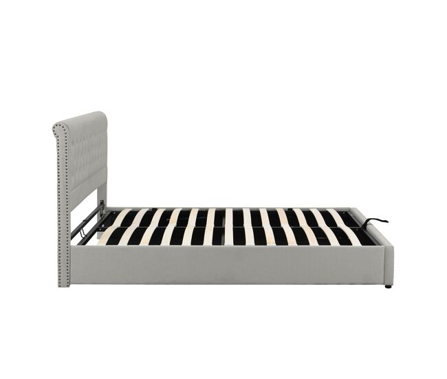 Cama contenedor tapizada de lino - decorada con remaches - con somier de láminas - 140x200cm - gris claro