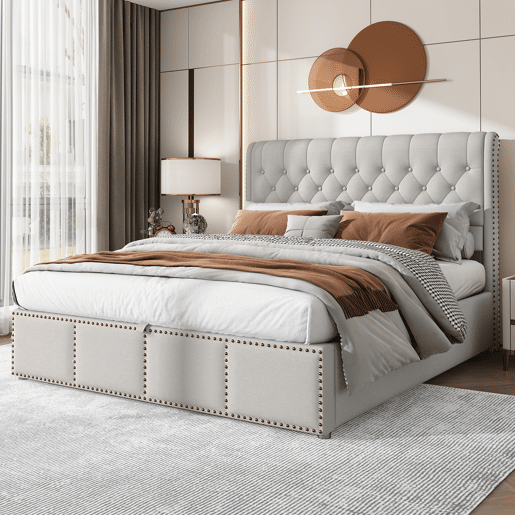 Cama contentora estofada em linho - decorada com rebites - com estrado de ripas - 140x200cm - Cinzento claro