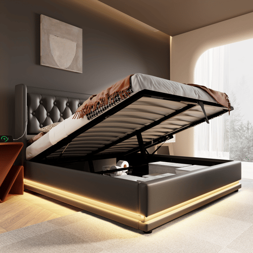 Cama estofada 160*200 cm - Material PU, cama com arrumação hidráulica, cabeceira acolchoada com carregador USB Tipo-C, função LED em 3 lados - Preta
