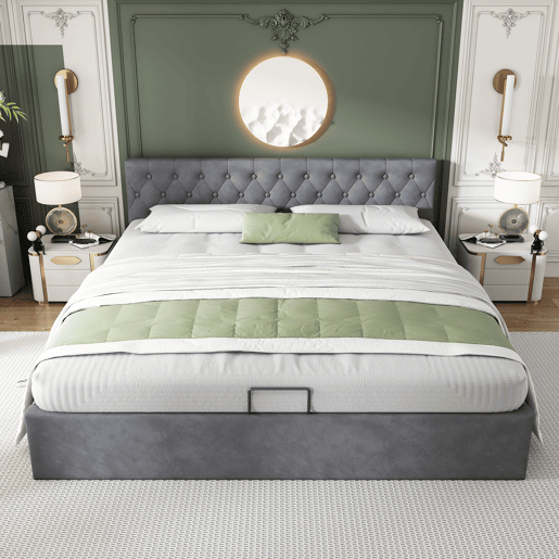 Cama estofada 180x200 cm - Cabeceira capitoné, Cama de casal, Cama hidráulica com arrumação, Estrado, Cinza