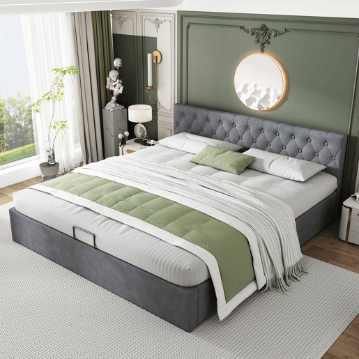 Cama estofada 180x200 cm - Cabeceira capitoné, Cama de casal, Cama hidráulica com arrumação, Estrado, Cinza