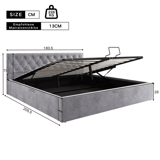 Cama estofada 180x200 cm - Cabeceira capitoné, Cama de casal, Cama hidráulica com arrumação, Estrado, Cinza