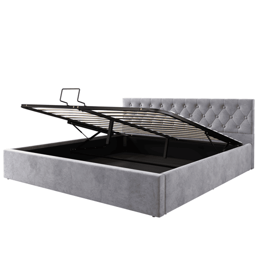 Cama estofada 180x200 cm - Cabeceira capitoné, Cama de casal, Cama hidráulica com arrumação, Estrado, Cinza