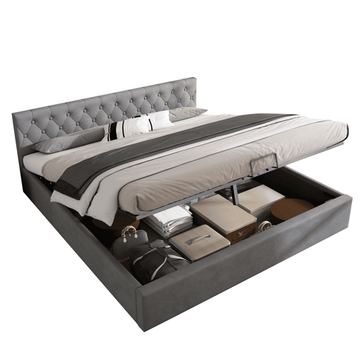 Cama estofada 180x200 cm - Cabeceira capitoné, Cama de casal, Cama hidráulica com arrumação, Estrado, Cinza