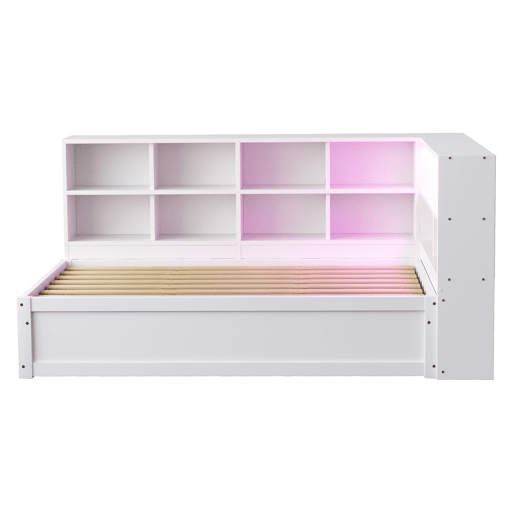 Sofá-cama 90*200 - Com tomada múltipla, vários compartimentos de arrumação, faixa de luzes, cama hidráulica, cama de madeira maciça, cama individual, cama multifuncional de madeira - Branco