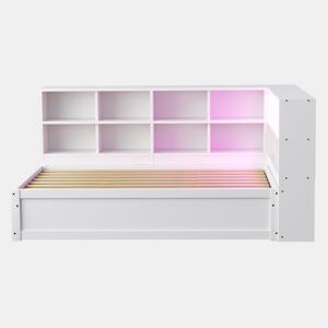 Sofá-cama 90*200 - Com tomada múltipla, vários compartimentos de arrumação, faixa de luzes, cama hidráulica, cama de madeira maciça, cama individual, cama multifuncional de madeira - Branco