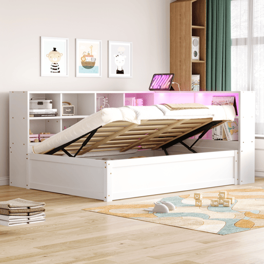 Sofá-cama 90*200 - Com tomada múltipla, vários compartimentos de arrumação, faixa de luzes, cama hidráulica, cama de madeira maciça, cama individual, cama multifuncional de madeira - Branco