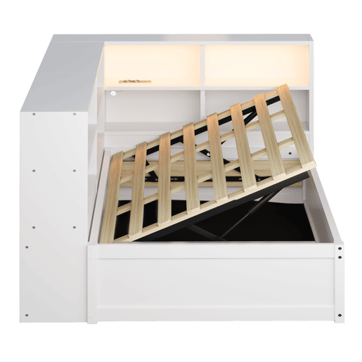Sofá-cama 90*200 - Com tomada múltipla, vários compartimentos de arrumação, faixa de luzes, cama hidráulica, cama de madeira maciça, cama individual, cama multifuncional de madeira - Branco