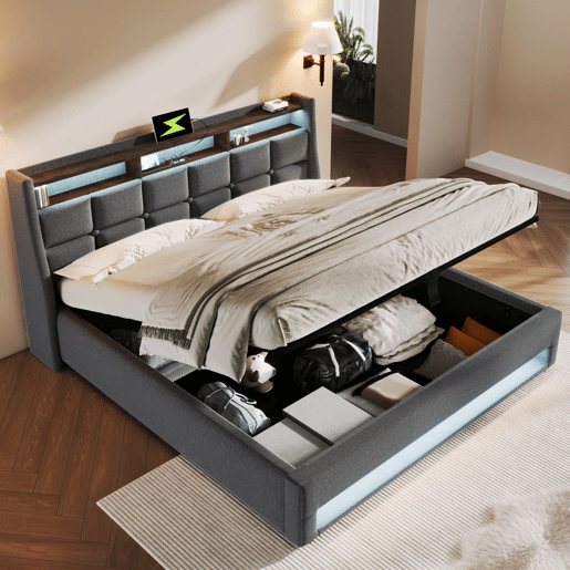 Cama estofada LED 160x200cm - Cama de casal com USB, base de metal, estrutura de linho, com colchão - Cinza