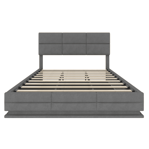 Cama estofada 180x200 cm - Com cabeceira ajustável, portas USBType-C, iluminação LED ambiente, sistema de elevação hidráulico e armazenamento XXL - Cinza