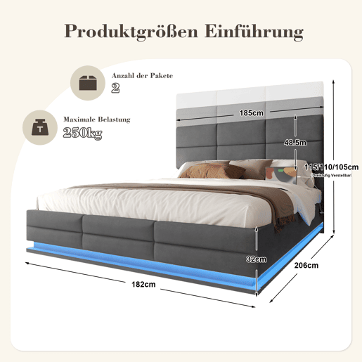 Cama estofada 180x200 cm - Com cabeceira ajustável, portas USBType-C, iluminação LED ambiente, sistema de elevação hidráulico e armazenamento XXL - Cinza