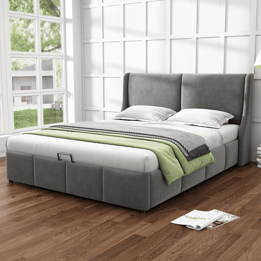Cama para arrumação estofada 180x200cm em veludo - cama para arrumação com estrado de ripas - Cinzento