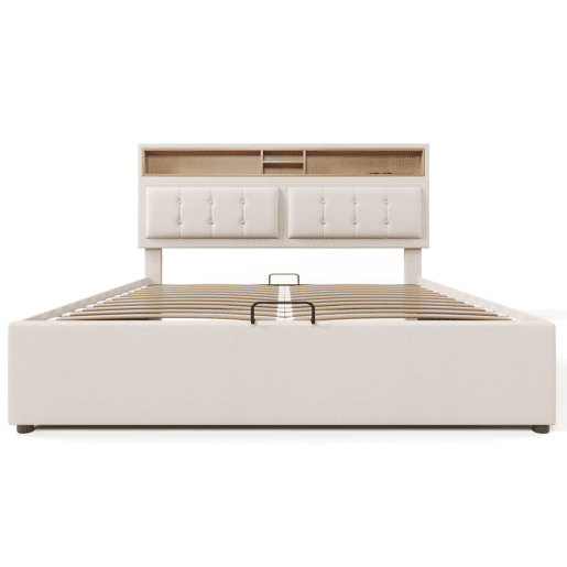 Cama estofada 140x200 cm - Com porta USB C e cabeceira - Bege