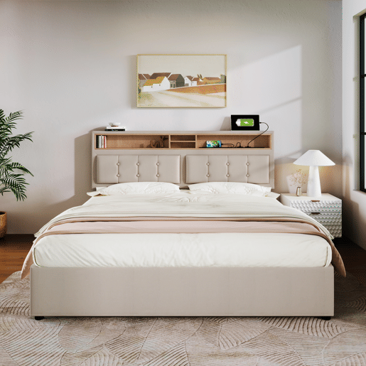 Cama estofada 140x200 cm - Com porta USB C e cabeceira - Bege