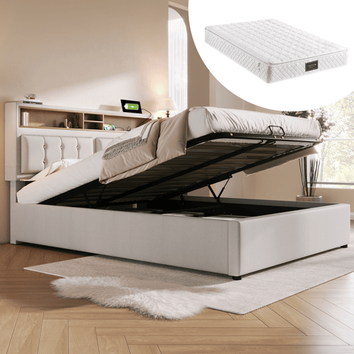 Cama estofada 140x200 cm - Com porta USB C e cabeceira - Bege