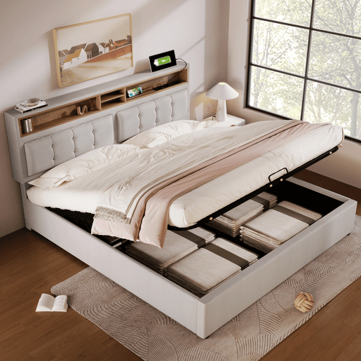 Cama estofada 140x200 cm - Com porta USB C e cabeceira - Bege