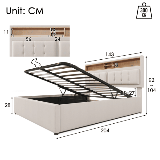 Cama estofada 140x200 cm - Com porta USB C e cabeceira - Bege
