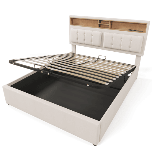 Cama estofada 140x200 cm - Com porta USB C e cabeceira - Bege