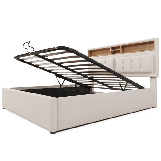 Cama estofada 140x200 cm - Com porta USB C e cabeceira - Bege