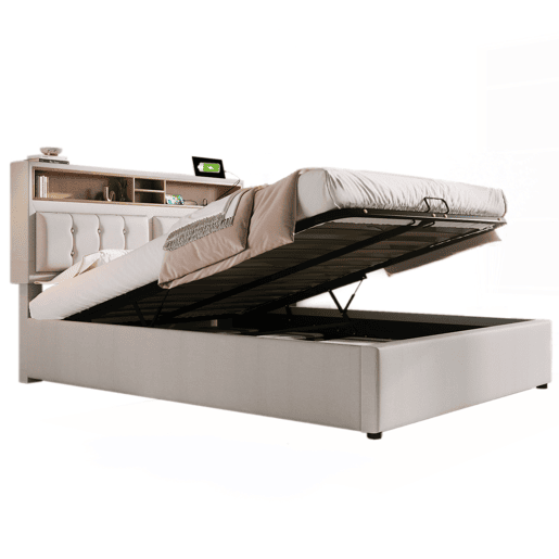 Cama estofada 140x200 cm - Com porta USB C e cabeceira - Bege