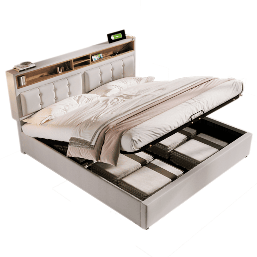 Cama estofada 140x200 cm - Com porta USB C e cabeceira - Bege