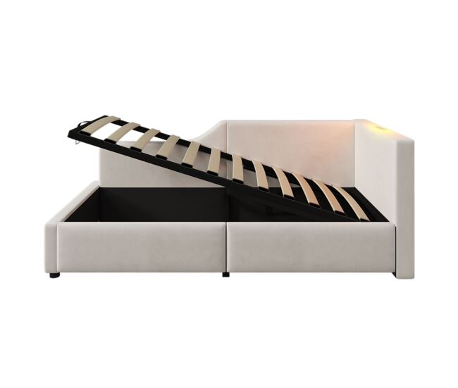 Cama contenedor 90x200cm - sofá cama de terciopelo - con luz de lectura y puertos de carga - con somier - beige