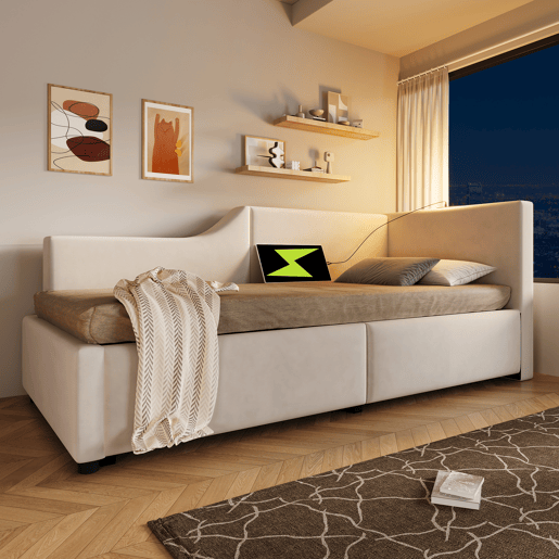 Contentor-cama 90x200cm - Sofá-cama em veludo - com luz de leitura e portas de carregamento - com estrado de molas - Bege