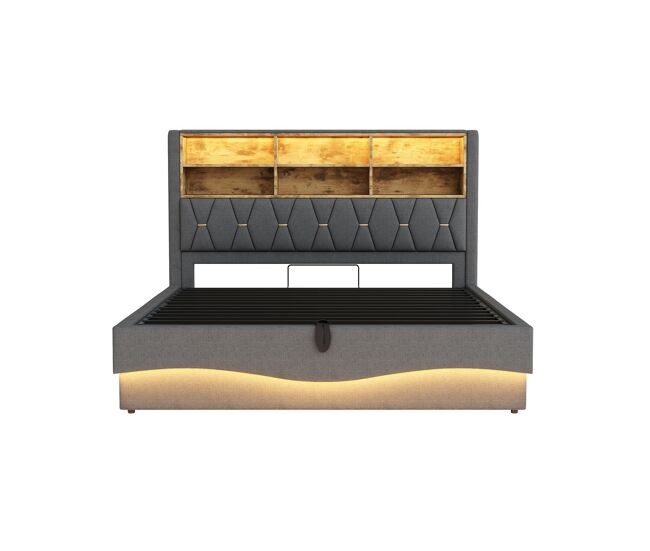 Cama tapizada 180x200 - con espacio de almacenamiento hidráulico, banda de luz led controlada por app, puerto usb, somier de metal - gris