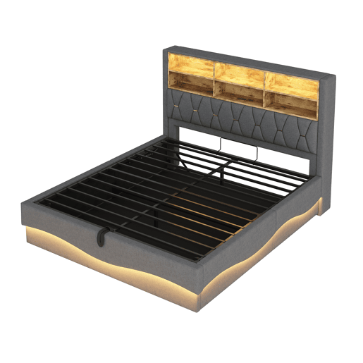 Cama estofada 180x200 - Com espaço de armazenamento hidráulico, faixa de luz LED controlada por APP, porta USB, base de metal - Cinza
