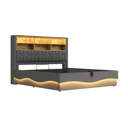 Cama estofada 180x200 - Com espaço de armazenamento hidráulico, faixa de luz LED controlada por APP, porta USB, base de metal - Cinza