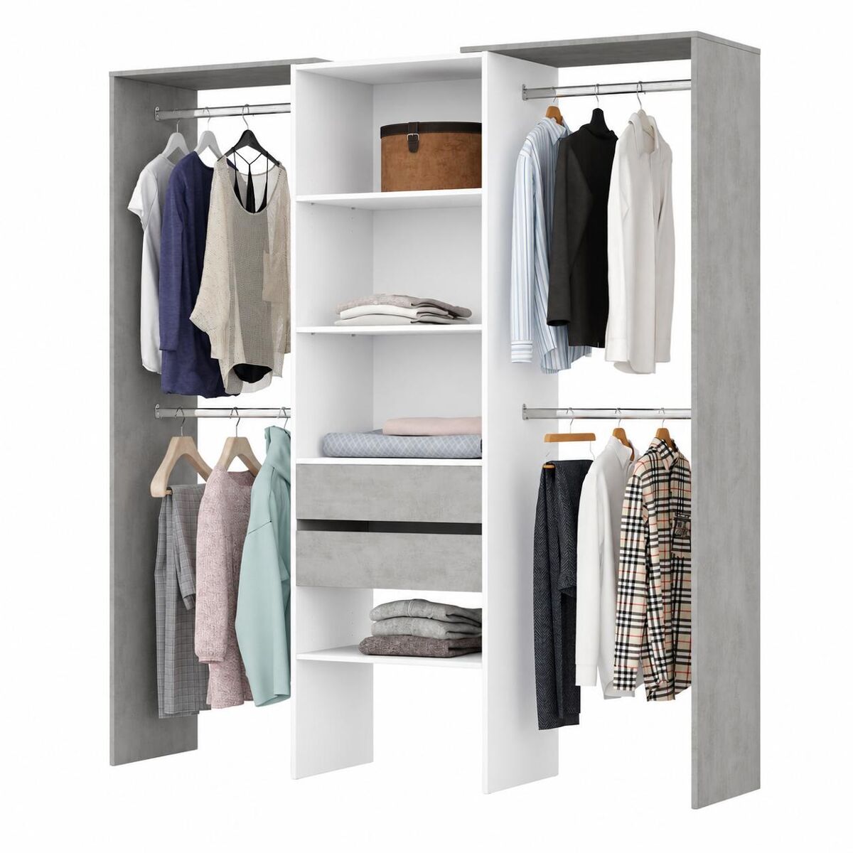 Armario vestidor con estantes colgadores y cajones balder, blanco / cemento , 179 x 50 x 202 cm, armario vestidor abierto barra-colgador estantes cajones