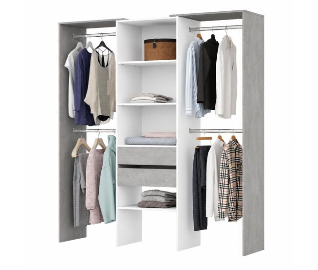Armario vestidor con estantes colgadores y cajones balder, blanco / cemento , 179 x 50 x 202 cm, armario vestidor abierto barra-colgador estantes cajones