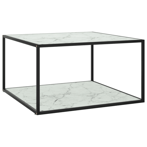Mesa de Centro, Mesa baixa, 90x90x50 cm preto com vidro marmorizado branco
