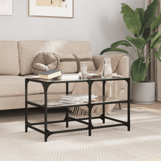 Mesa de Centro, Mesa baixa com topo em vidro preto 78,5x40x45 cm aço