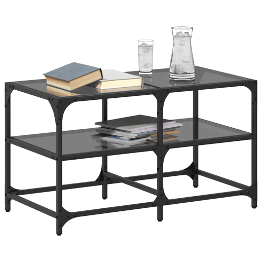 Mesa de Centro, Mesa baixa com topo em vidro preto 78,5x40x45 cm aço