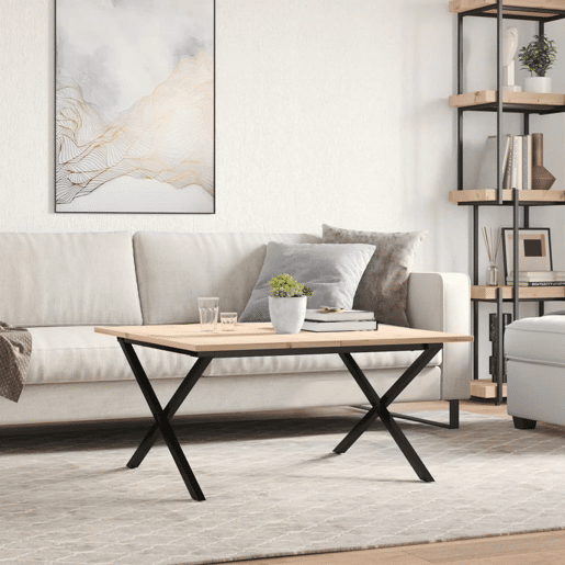 Mesa de Centro, Mesa baixa, estrutura em X 90x90x45 cm pinho e aço