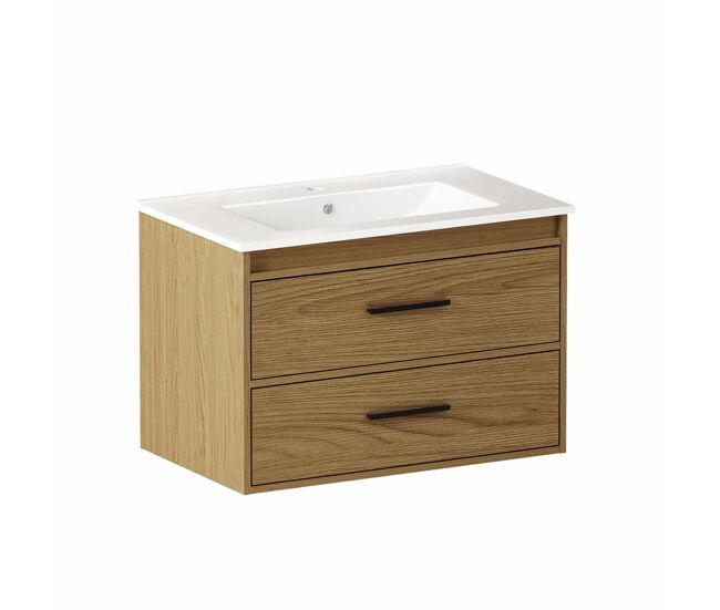 Mueble de baño 76 cm - con amplio espacio de almacenamiento y 2 cajones - roble claro