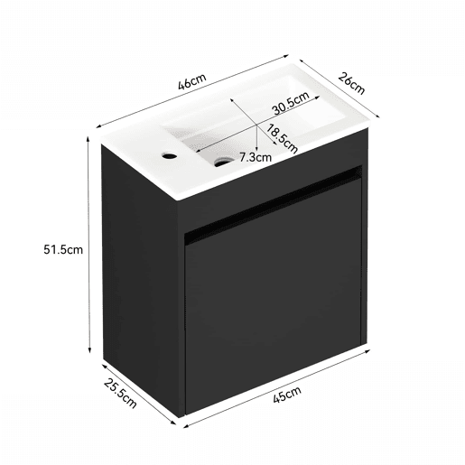 Móvel de casa de banho de 46 cm - amplo espaço de arrumação com porta com fecho suave - preto
