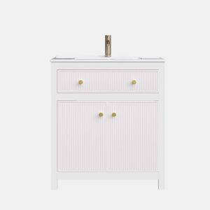 Móvel de casa de banho para lavatório 81 x 46,5 cm - lavatório em cerâmica, 1 gaveta + 1 porta com fecho suave, design moderno estriado, independente - Branco