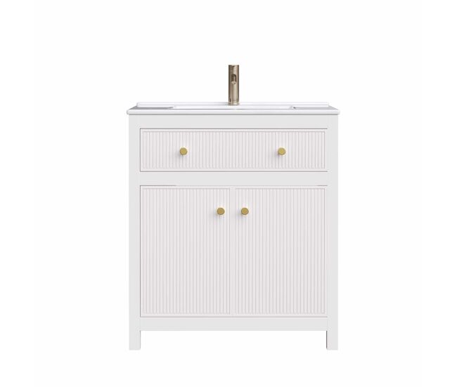 Mueble de baño bajo lavabo 81x46,5 cm - lavabo cerámico, 1 cajón + 1 puerta con cierre suave, diseño moderno estriado, independiente - blanco